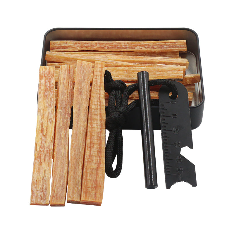 Feuerstahl Set Firestarter mit Schaber, Kienspan & Metallbox Bushcraft Camping