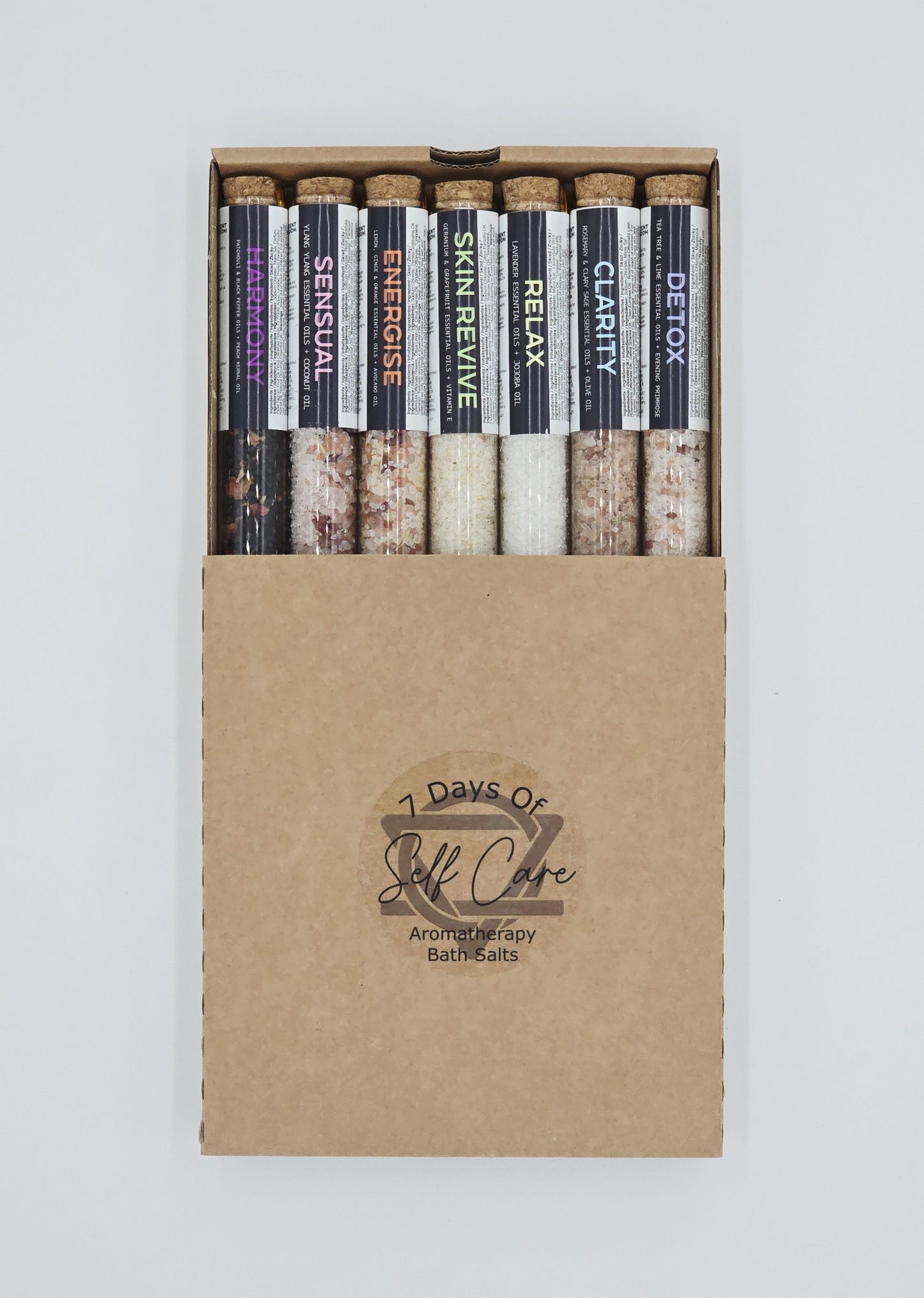 Badesalz Geschenk-Set 7 dekorative Fläschchen 7 Days of Selfcare 40 g Badezusatz