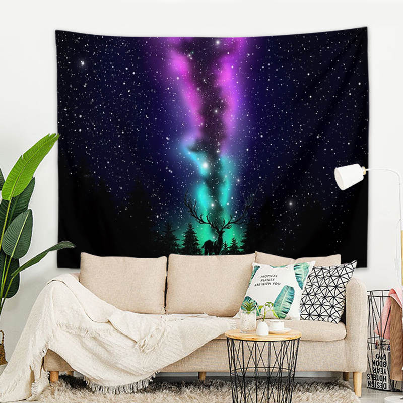 UV Wandbehang Polarlicht 200x150 cm Hirsch UV Fluoreszenz Wandtuch Wandteppich Tapisserie