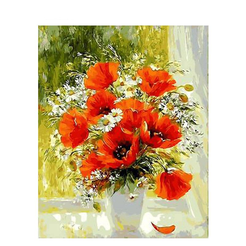Malen nach Zahlen Erwachsene Mohnblume 40x50 cm Paint by Numbers DIY Öl Acryl Leinwand Bild Dekoration Stilleben 1 Stück