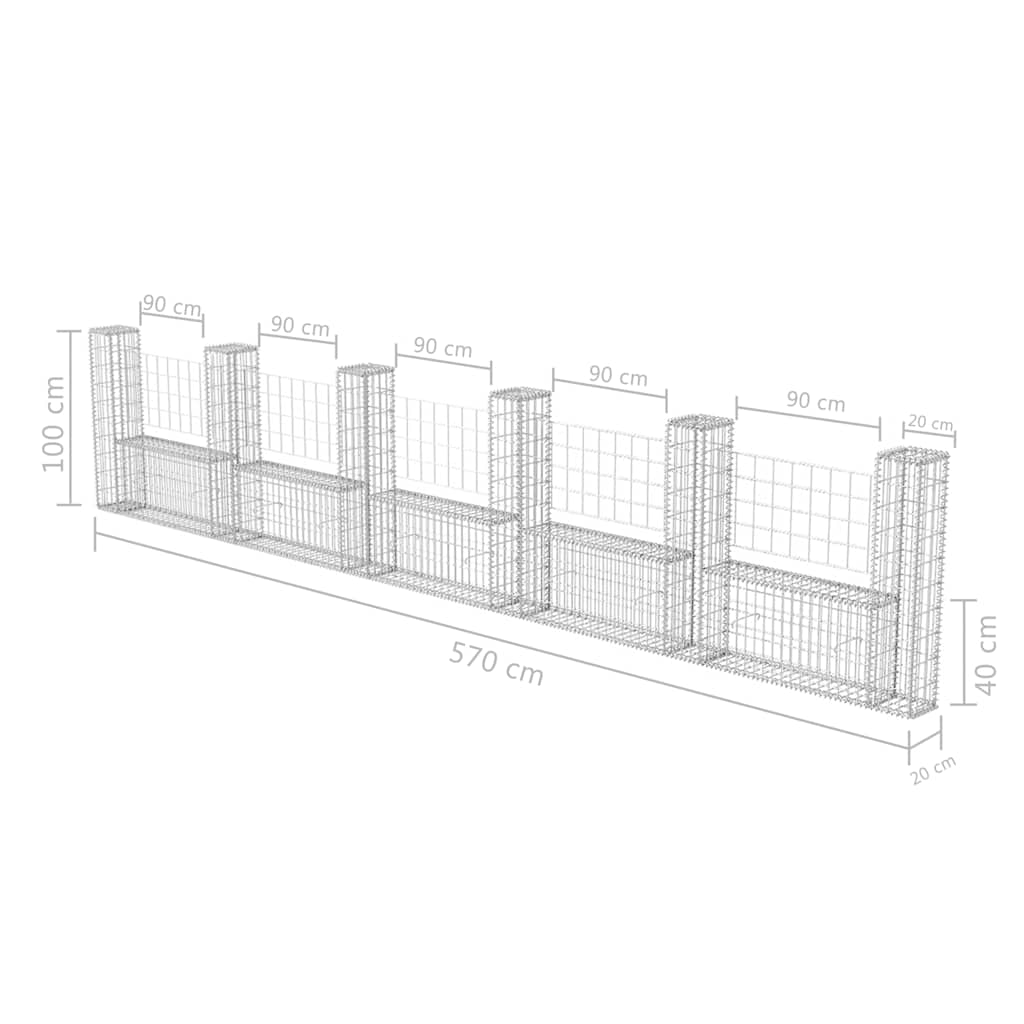 Gabionenzaun U-Form Stahl 570x20x100 cm Steinkorb Gabionenwand verzinkt Element