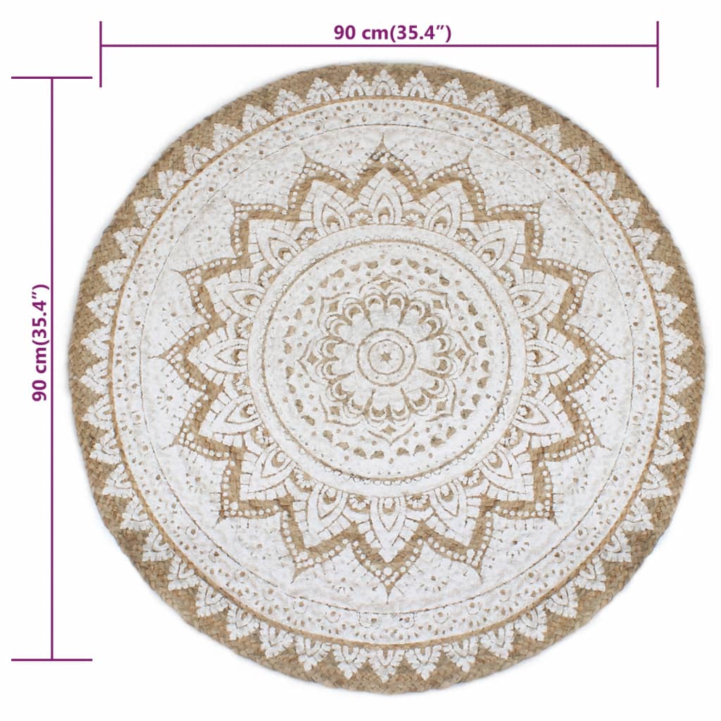 Teppich Jute geflochten 90 cm Rund Boho Retro Ethno geknüpft Mandala