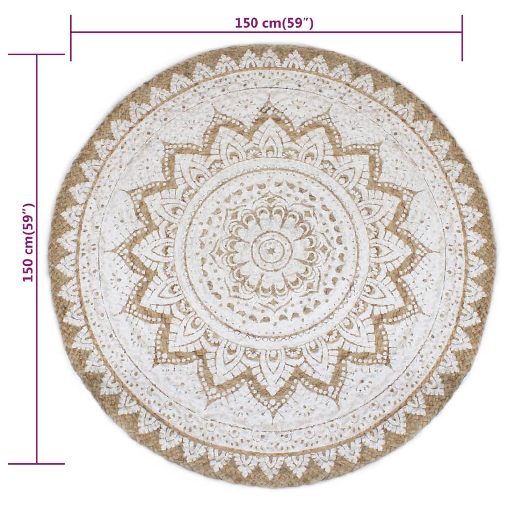 Teppich Jute geflochten 150 cm Rund Boho Retro Ethno geknüpft Mandala