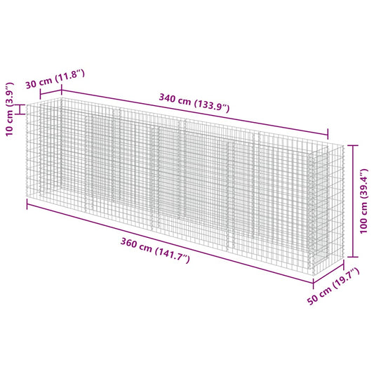 Gabionen Hochbeet Verzinkter Stahl 360×50×100 cm Steinkorb Pflanzkorb Blumenbeet