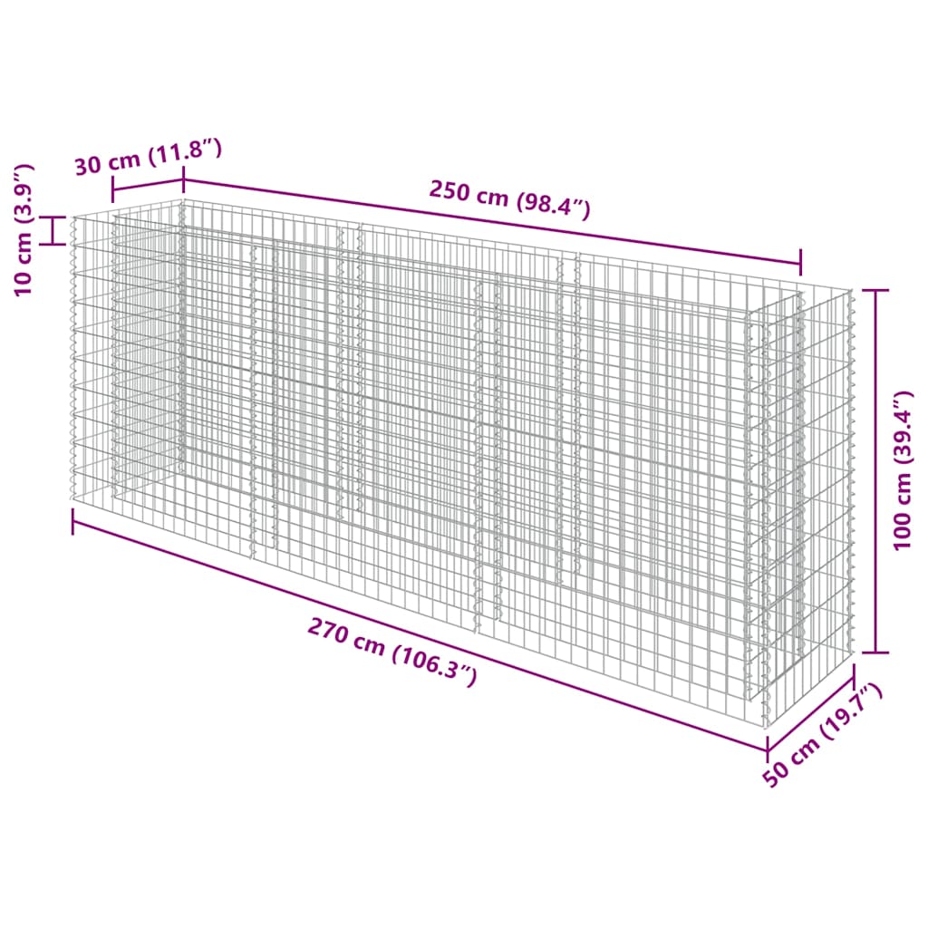 Gabionen Hochbeet Verzinkter Stahl 270×50×100 cm Gabionenpflanzkübel
