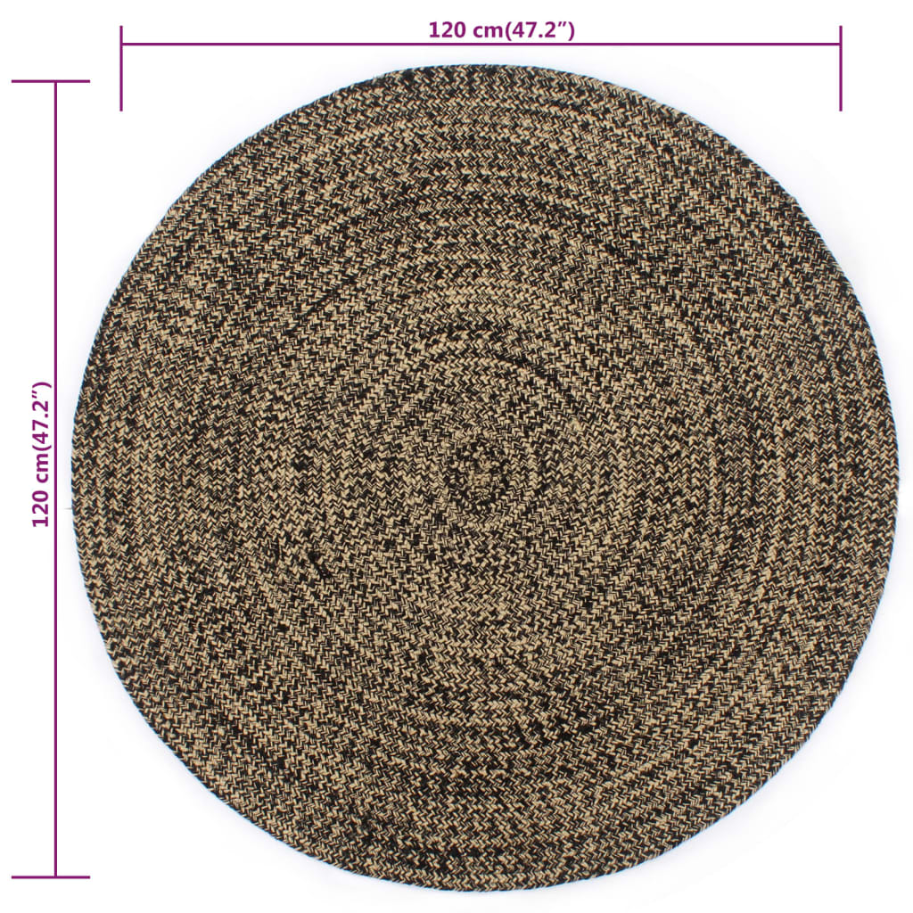 Teppich rund 120 cm handgefertigt Jute Schwarz Natur Vorleger