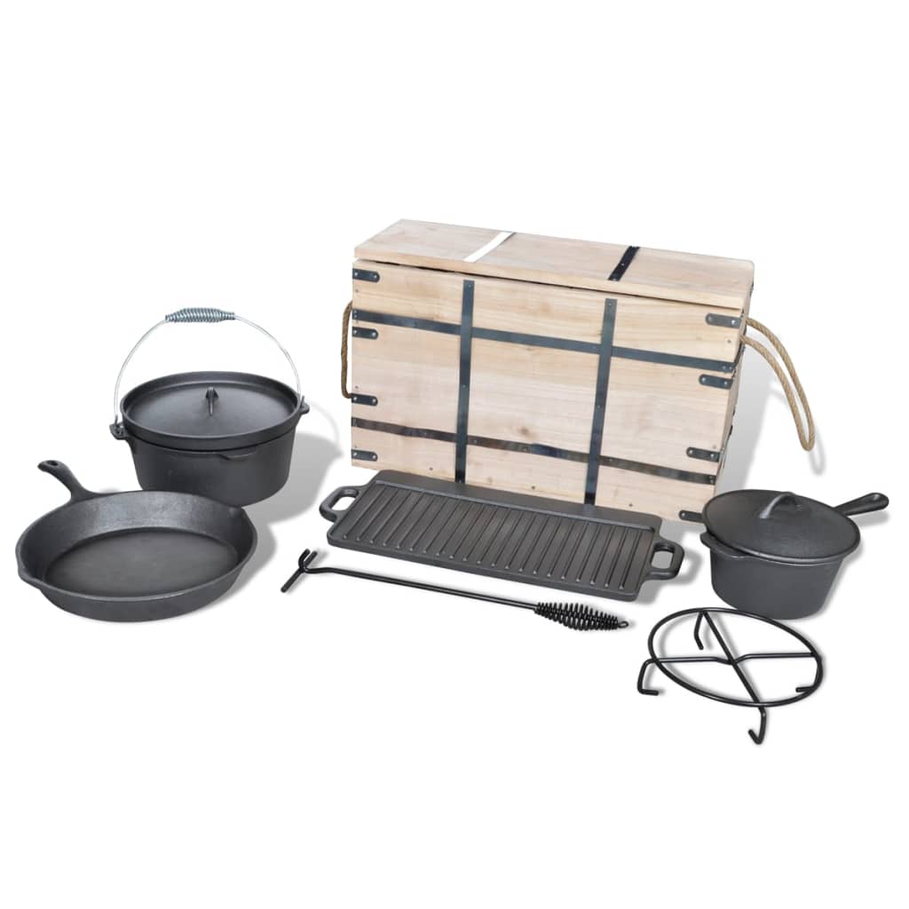 Kochtopf-Set 9-teilig Set in Holzkiste Töpfe Pfanne Dutch Oven Gusseisen schwarz