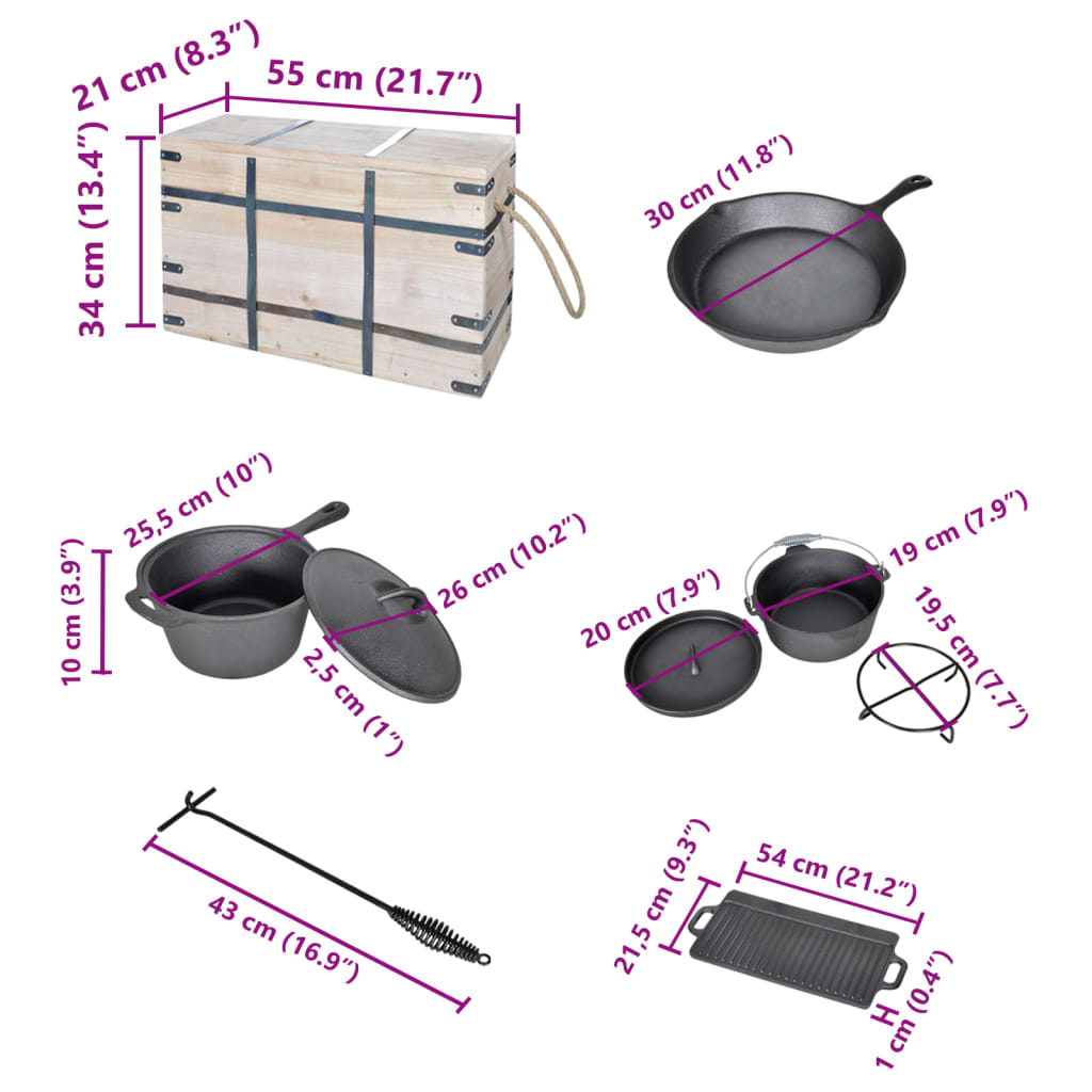 Kochtopf-Set 9-teilig Set in Holzkiste Töpfe Pfanne Dutch Oven Gusseisen schwarz