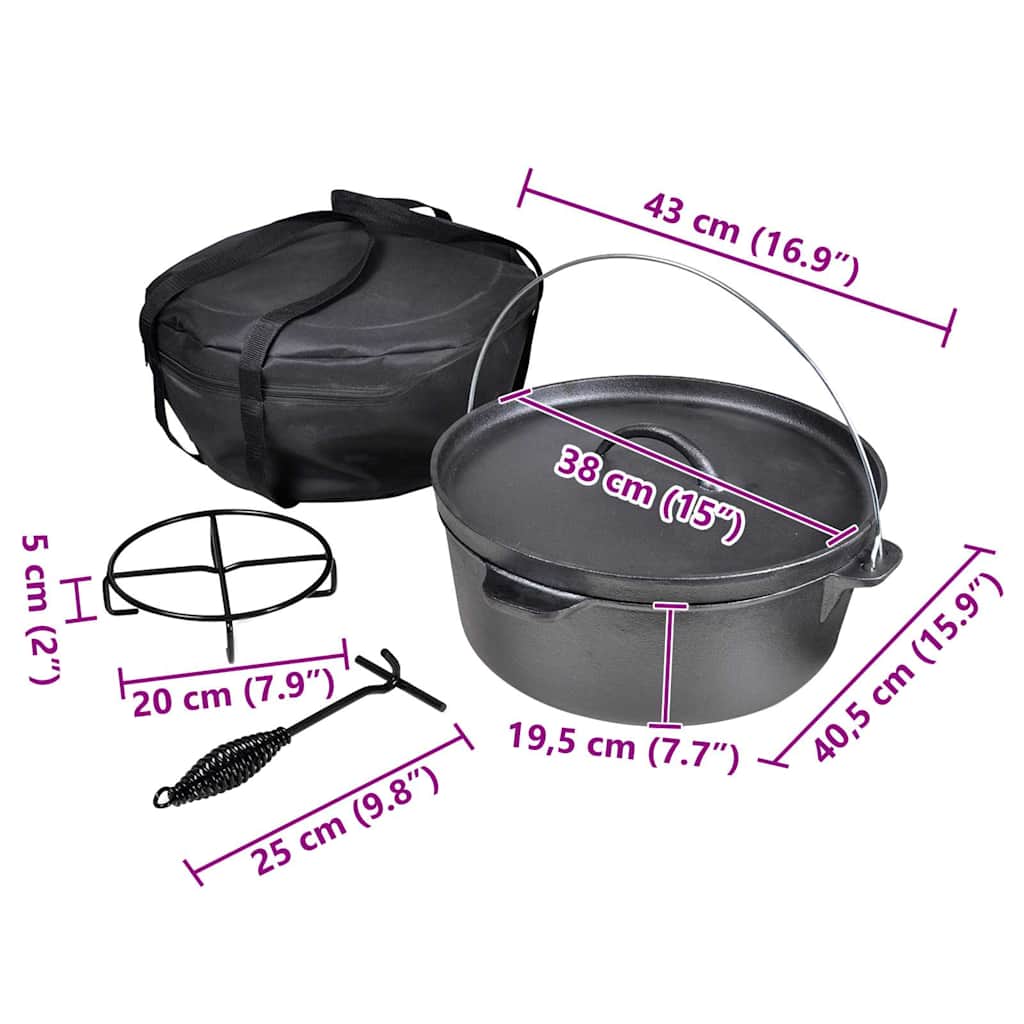 Dutch Oven Bräter Gusseisen ca. 11,3 Liter Holländischer Ofen Schwarz 43 x 40 x 19 cm