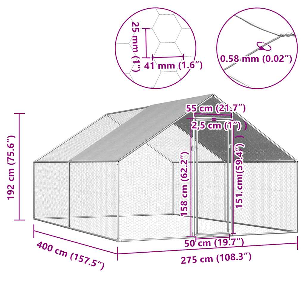 Hühnerkäfig Hühnerstall Stahl 2,75 x 4 x 1,92 m Auslauf Freigehege Tierkäfig Geflügelstall