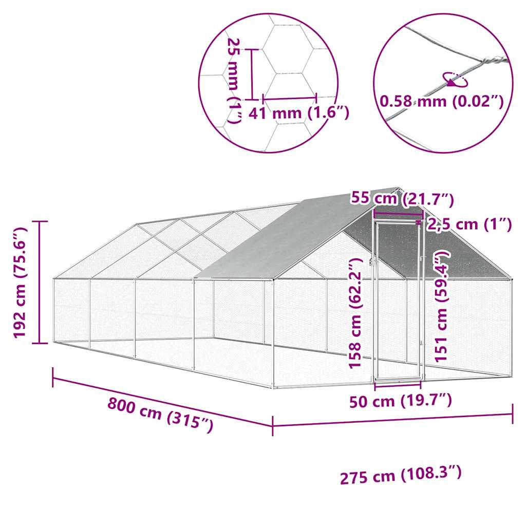 Chicken cage, chicken coop, steel, 2.75 x 8 x 1.92 m, run, outdoor enclosure, animal cage, poultry house