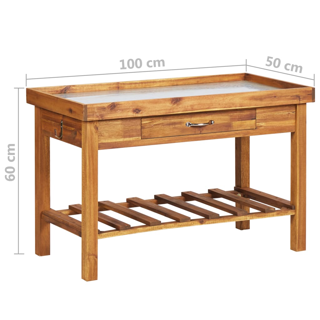 Pflanztisch mit Zink-Arbeitsplatte Massivholz Akazie 100x50x60cm Arbeitstisch Gartentisch