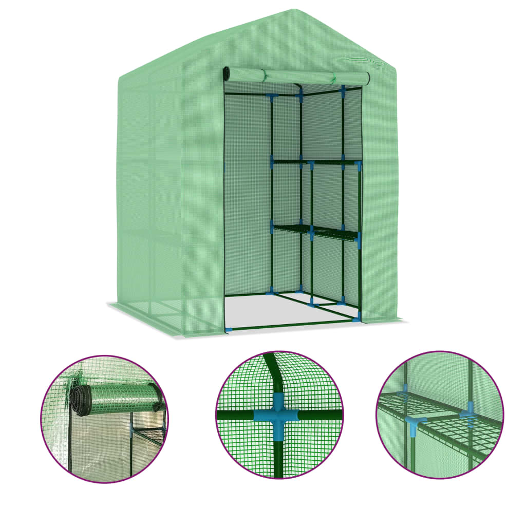 Foliengewächshaus mit Regalen Stahl 143x143x195 cm grün PE-Netzgewebe Rolltür