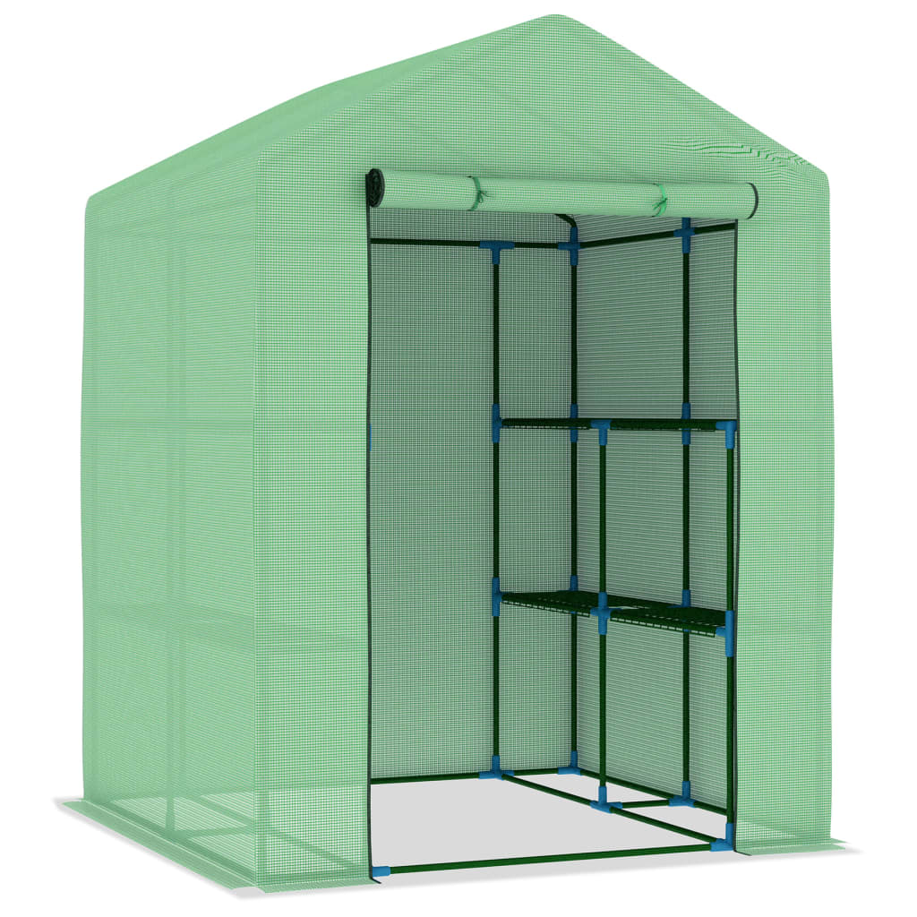 Foliengewächshaus mit Regalen Stahl 143x143x195 cm grün PE-Netzgewebe Rolltür