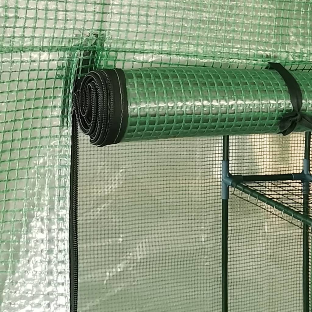 Foliengewächshaus mit Regalen Stahl 143x143x195 cm grün PE-Netzgewebe Rolltür