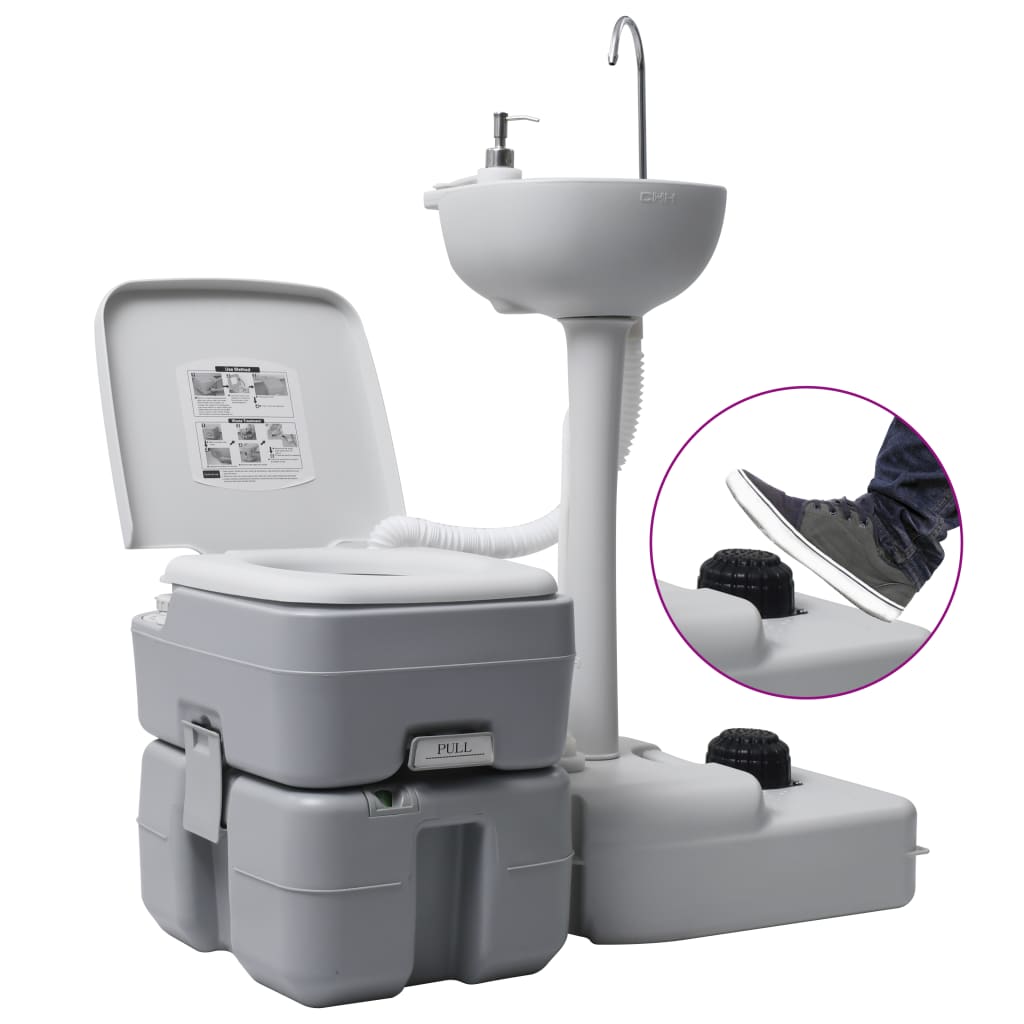 Campingtoilette 20 + 10 L und Handwaschbecken 17L Set Tragbar Grau