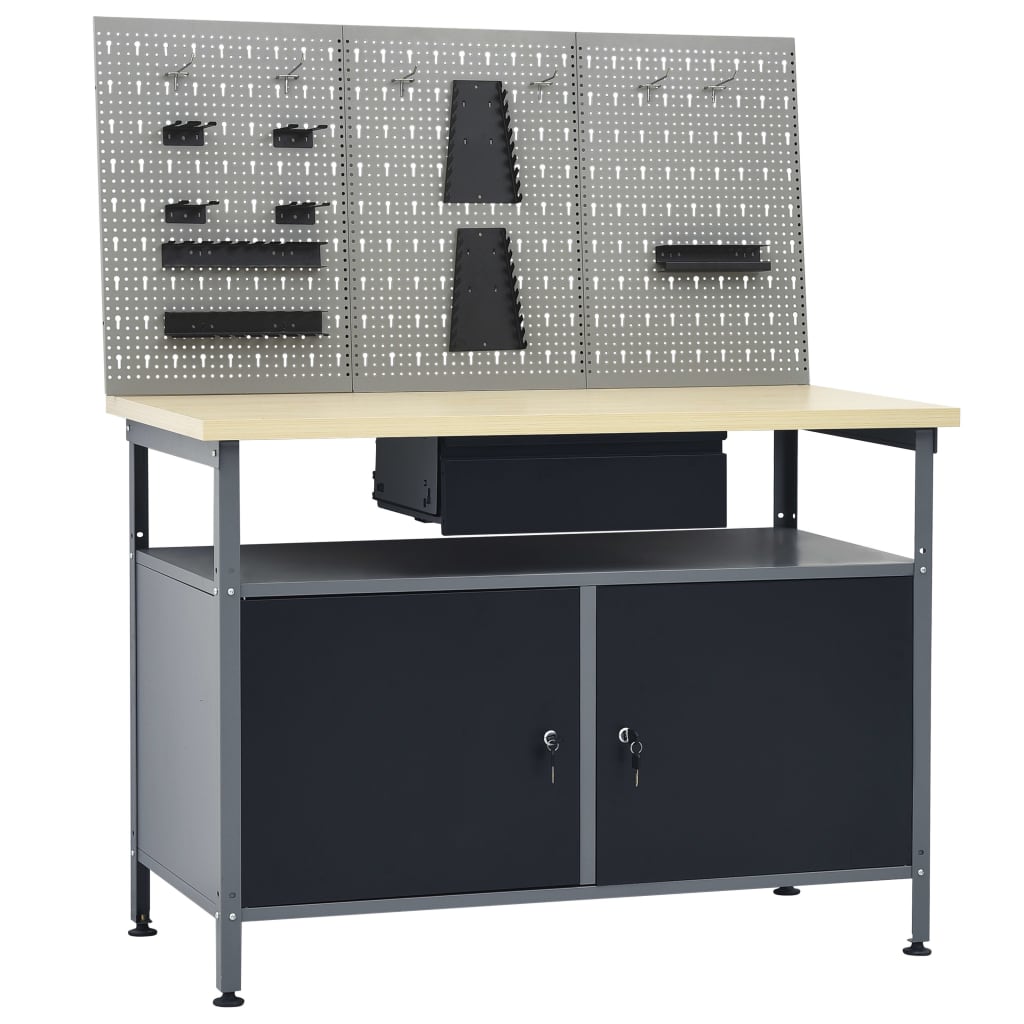 Werkbank mit 3 Werkzeugwänden Werkstatt Stahl Spanplatte 120 x 60 x 85 cm