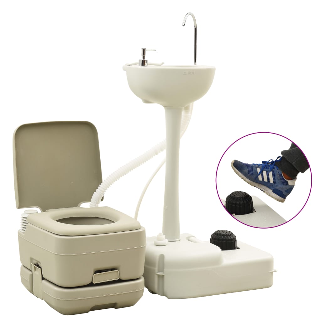 Campingtoilette und Handwaschbecken Set 10 + 10 L Tragbar Grau Klo