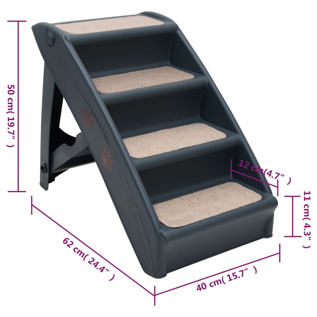 Hundetreppe Klappbar Grau 62x40x49,5 cm 4 Stufen Aufstiegshilfe Tiertreppe