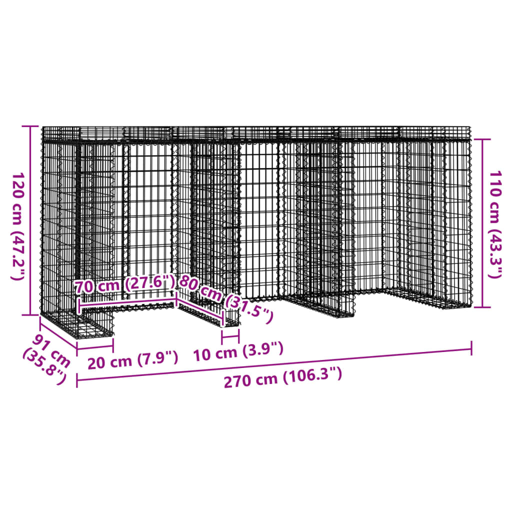 Gabionen-Mülltonnenbox 270x91x120 cm Verzinktes Eisen Dachbegrünung