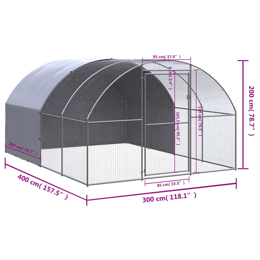 Outdoor-Hühnerstall 3x4x2 m Verzinkter Stahl Geflügel Auslauf Gehege