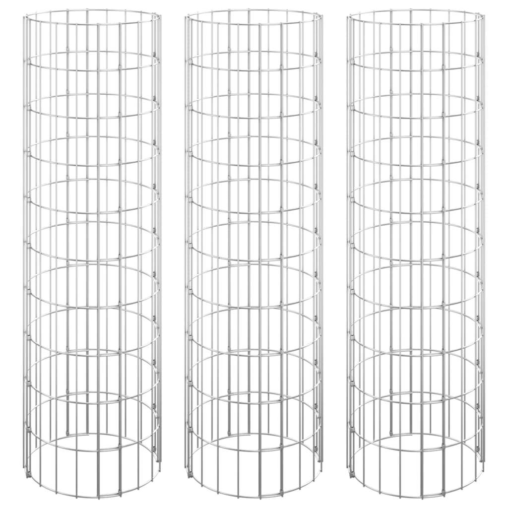 Gabionen-Säule 3 Stk. Rund Verzinkter Stahl Ø30x100 cm Steinkorb Grau