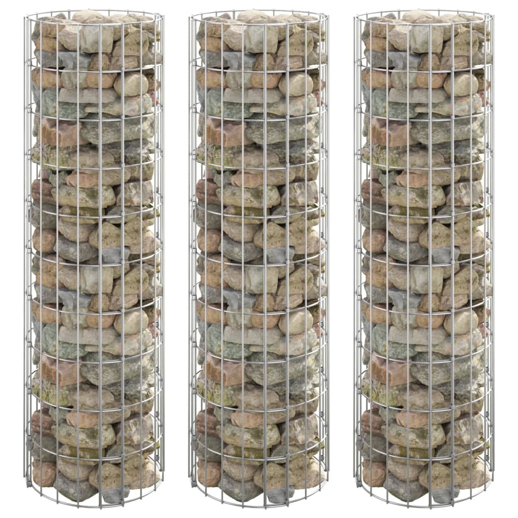 Gabionen-Säule 3 Stk. Rund Verzinkter Stahl Ø30x100 cm Steinkorb Grau