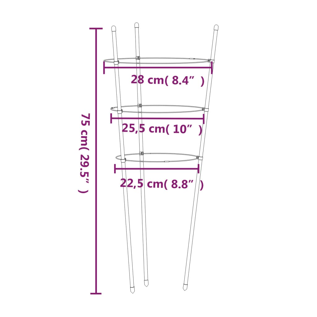 Pflanzenstützen mit 3 Ringen 5 Stk. Grün 75 cm Länge Stahl mit Beschichtung
