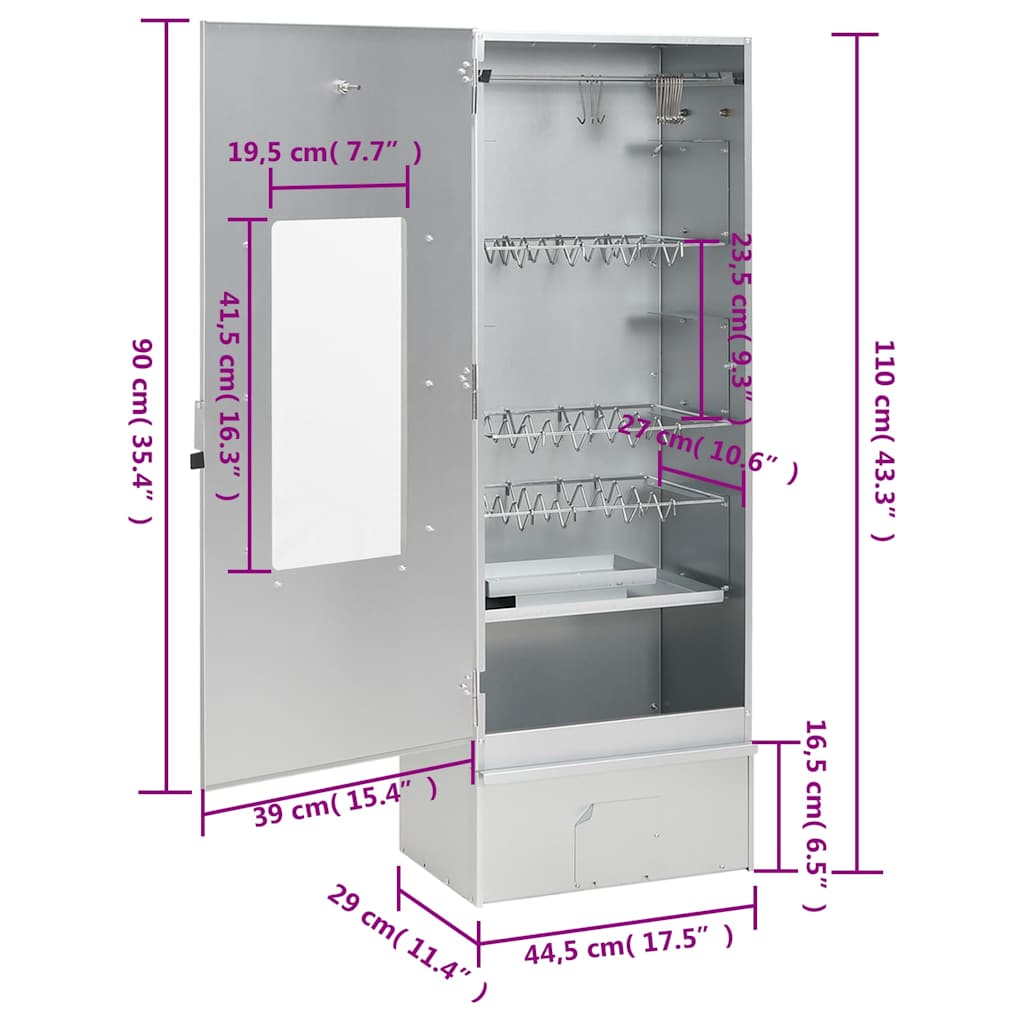 Räucherofen 44,5 x 29 x 110 cm mit Tisch verzinkt Räucherschrank silber