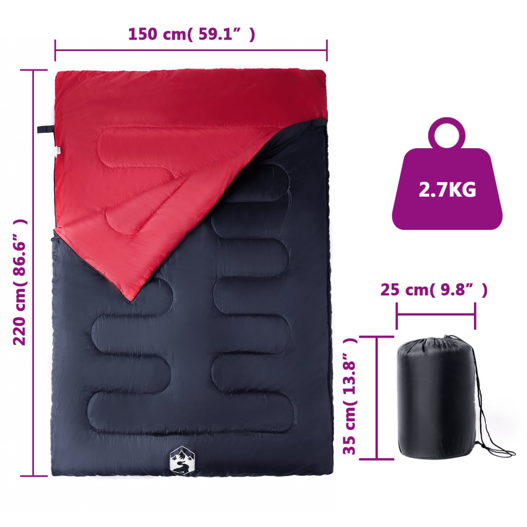 Doppelschlafsack mit Kissen Schwarz Rot Erwachsene Camping 3-4 Jahreszeiten 3,3 kg