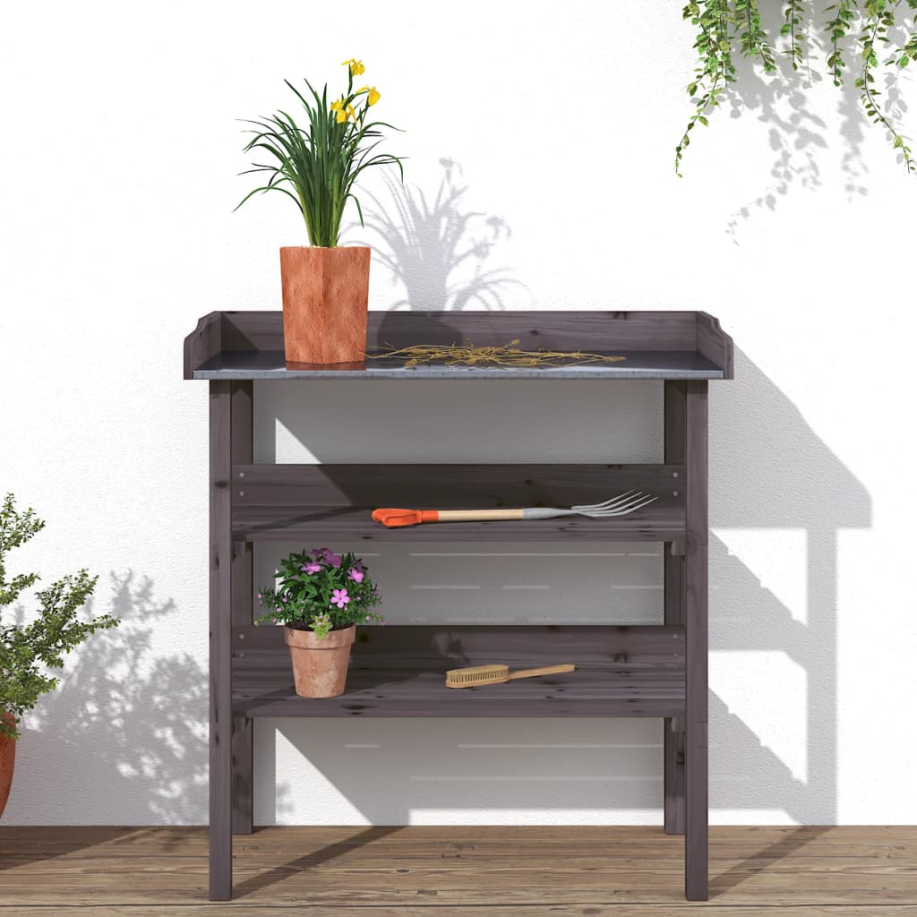 Pflanztisch mit Ablagen Grau 78x38x82,5 cm Massivholz Tanne verzinkt