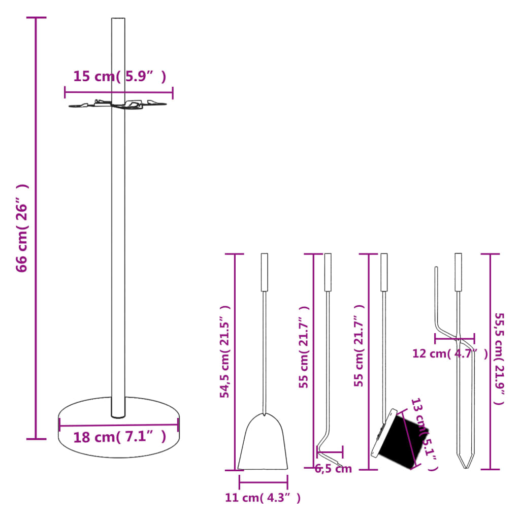 5-tlg. Kaminwerkzeug-Set 18x66 cm Stahl Schwarz Kaminbesteck Kamingarnitur