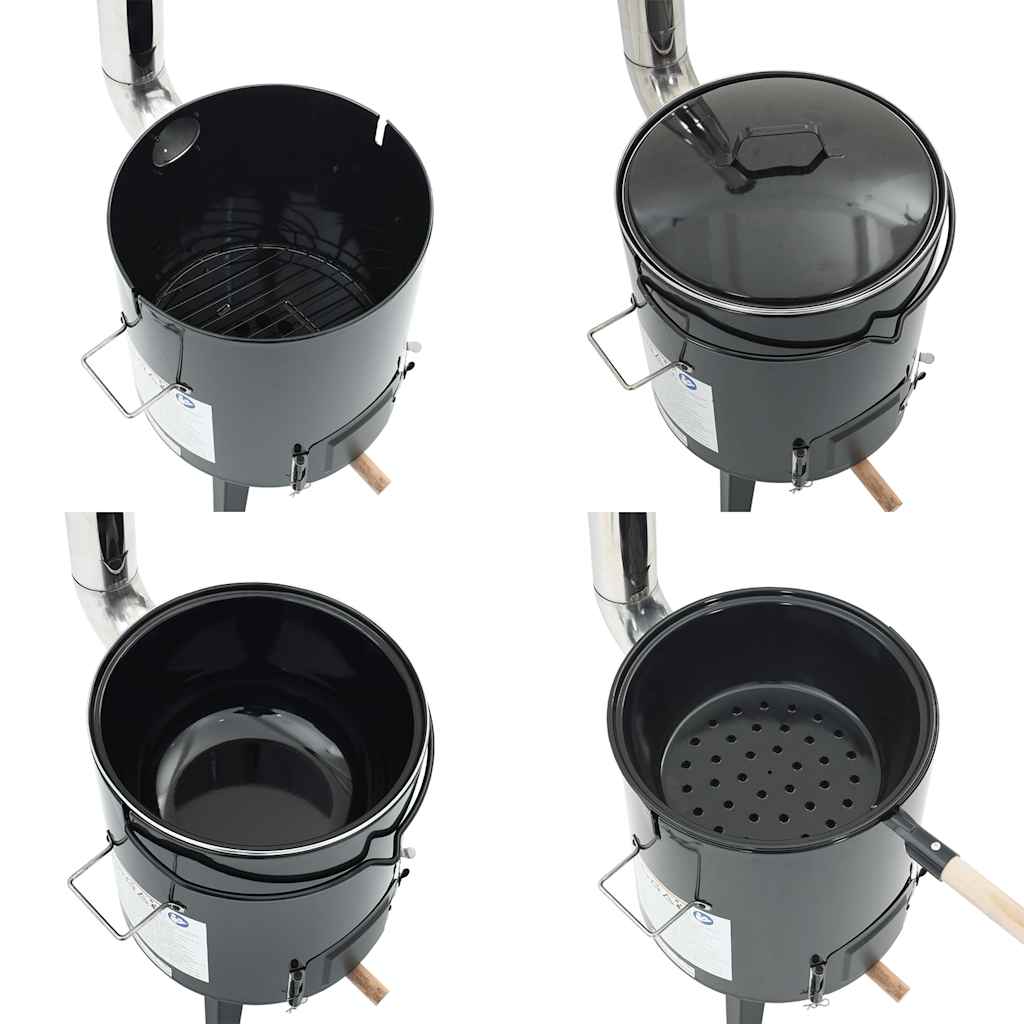 Gulaschkanone mit Rauchabzug & Deckel Schwarz Stahl Emailliert Outdoor