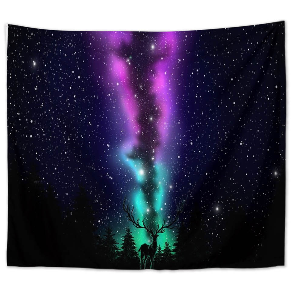 UV Wandbehang Polarlicht 200x150 cm Hirsch UV Fluoreszenz Wandtuch Wandteppich Tapisserie