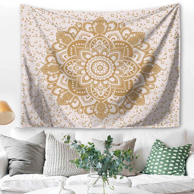 Wandbehang Mandala indisch 200 x 150 cm Weiß Gold Polyester Wandtuch Wandteppich Tapisserie