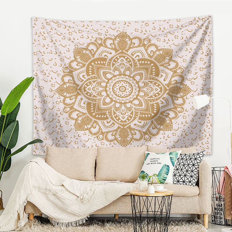Wandbehang Mandala indisch 200 x 150 cm Weiß Gold Polyester Wandtuch Wandteppich Tapisserie