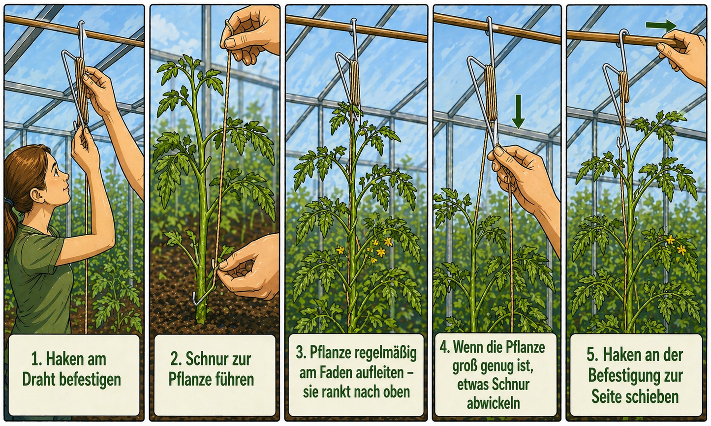 Profi Tomatenhaken 15 Stück Gurkenhaken Rankhilfe mit je 5 M kompostierbarer Schnur + Zubehör