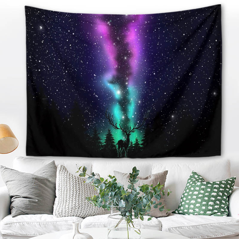 UV Wandbehang Polarlicht 200x150 cm Hirsch UV Fluoreszenz Wandtuch Wandteppich Tapisserie