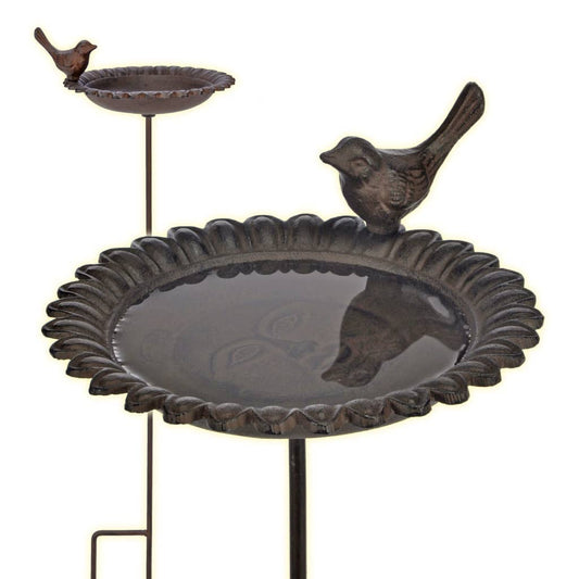 Vogelbad mit Deko-Vogel Braun Gusseisen 23x19x8,5 cm Höhe 79,5 cm Vogeltränke