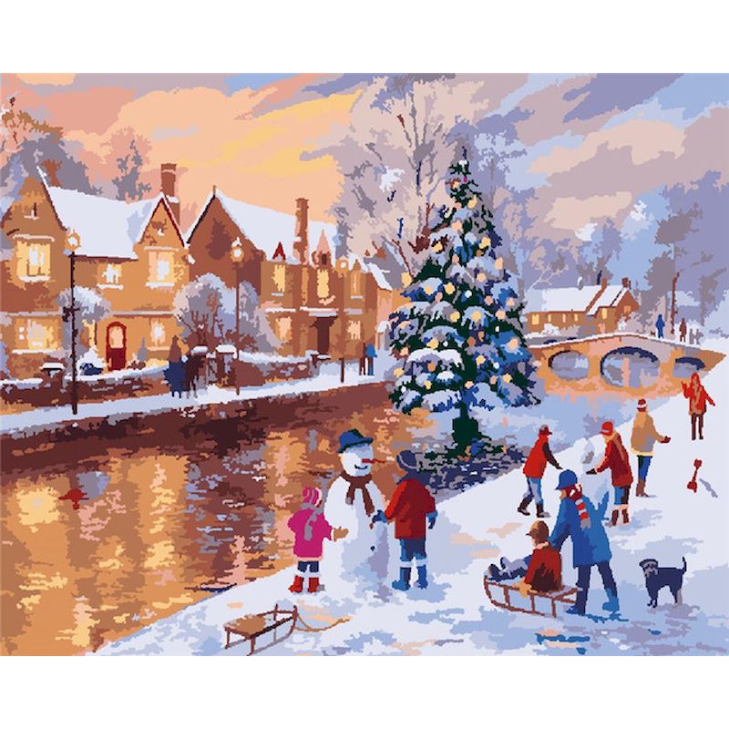 Malen nach Zahlen Erwachsene Winter am Fluss 40x50 cm Paint by Numbers ohne Rahmen DIY Öl Acryl Leinwand Bild Deko Weihnachten Winter