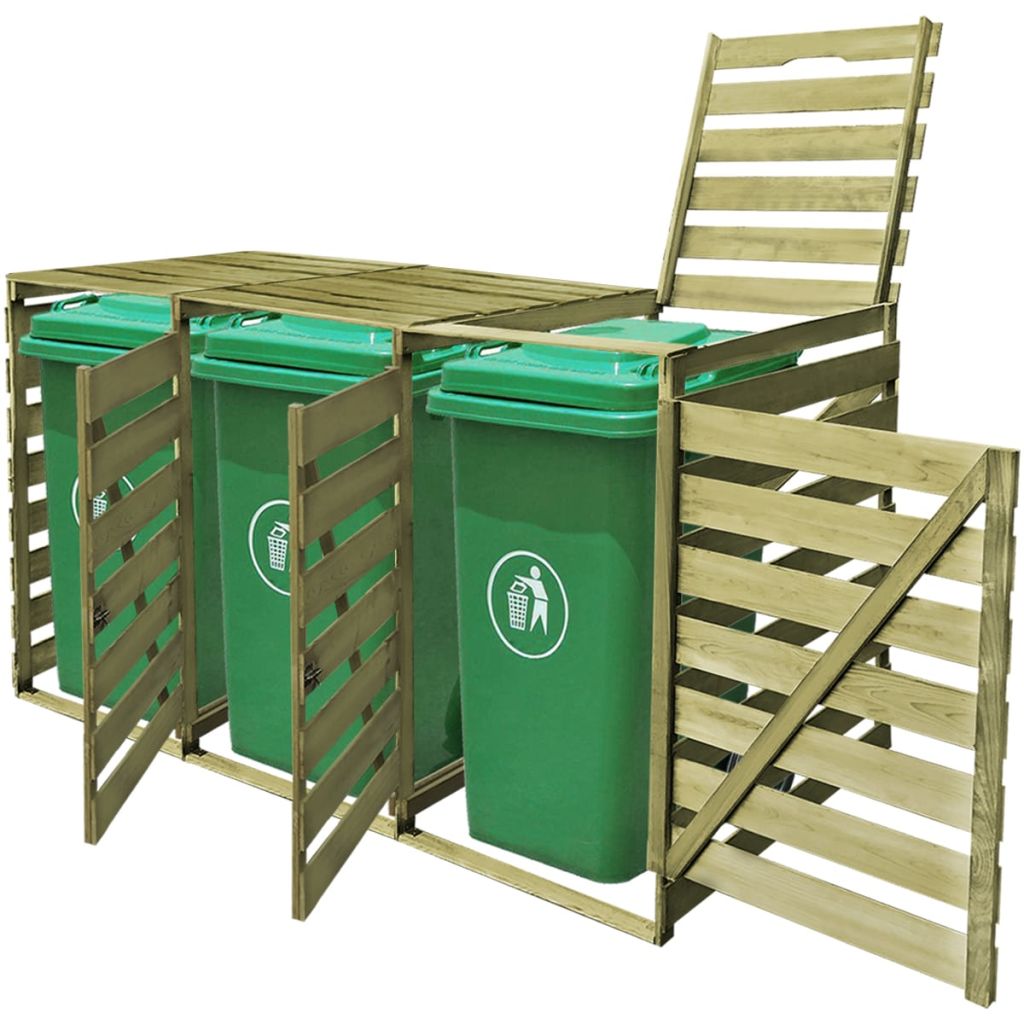 Mülltonnenbox 3 Tonnen 218 x 92 x 120 cm Mülltonnenverkleidung Kiefer Massivholz