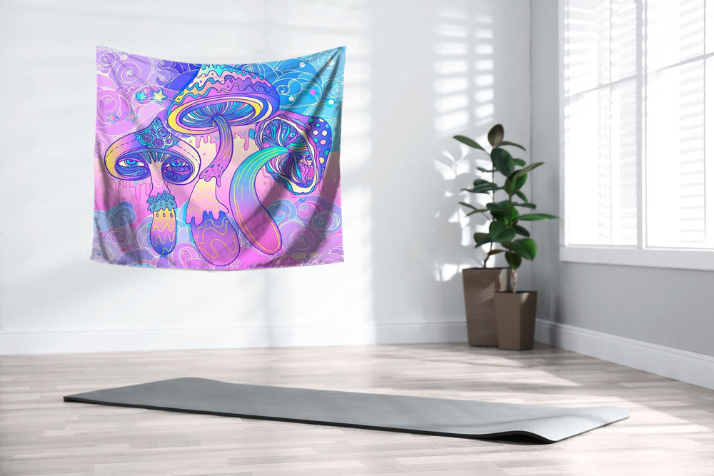Wandbehang Psychedelic Pilze Violett 150x125 cm Polyester Wandtuch Wandteppich Hippie Tapisserie