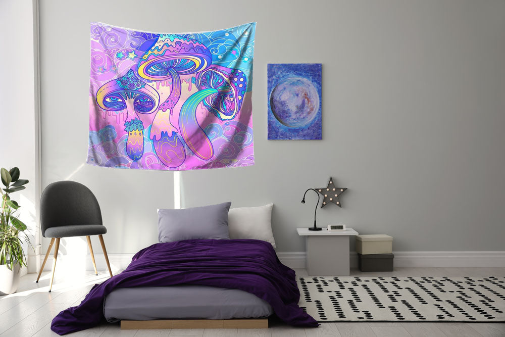 Wandbehang Psychedelic Pilze Violett 150x125 cm Polyester Wandtuch Wandteppich Hippie Tapisserie