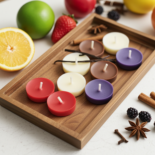 Bild mit je 2 Teelichtern der Duftsorte Vanilla, Erdbeer, Waldbeer und Zimt. Die Kerzen stehen auf einem Holzbrett, also Deko die Bestandteile der verschiednene Düfte.