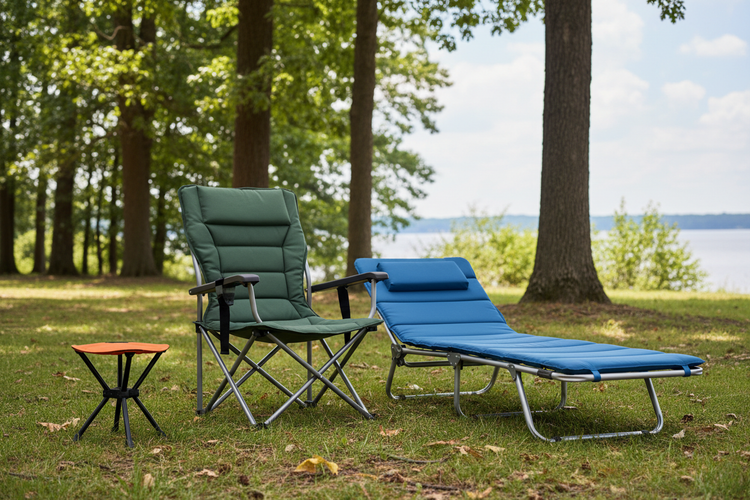 verschiedene Campingmöbel, ein orangener Campinghocker, 1 grüner Campingstugl, 1 blaue Campingliege an einem See mit großen Bäumen