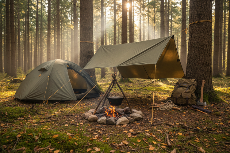 Typische Bushcraft Szene Lagerfeuer mit gußeisernem Topf mit Zelt zum schlafen und Tarp als Regenschutz in einem Wald