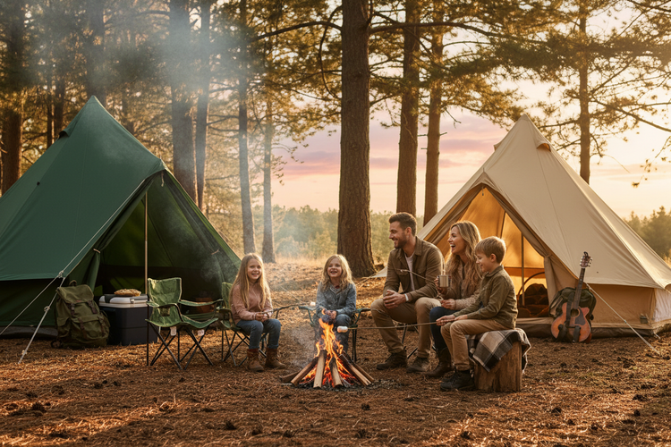 Glückliche Famile im Campingurlaub am Lagerfeuer 2 Zelte und Marshmallows Sonnenuntergang Gitarre im Hintergrund