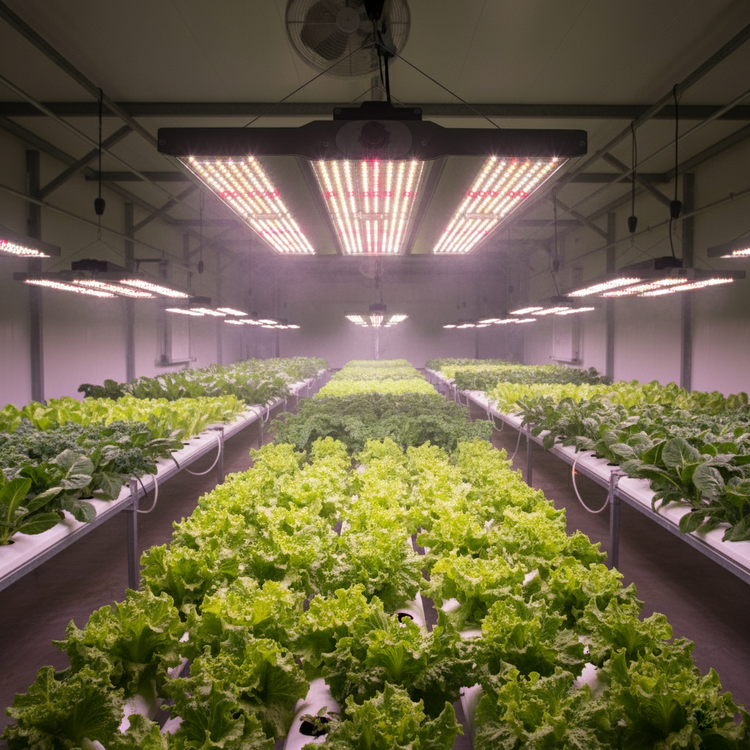 Mehrere FLORIS Pflanzenlampen in Reihenschaltung in einem Lagerhaus über Salatpflanzen