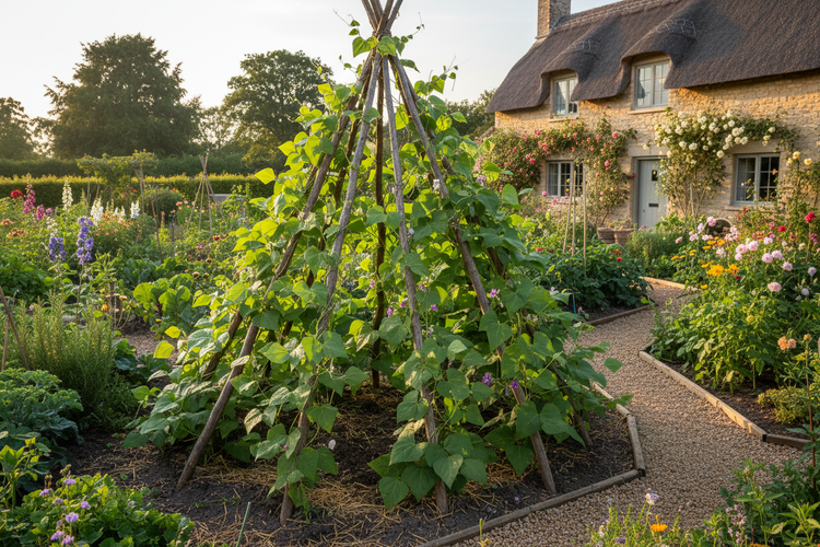 Ein vollbewachsenes Bohnengerüst in einem klassischen Sommergarten mit vielen Blumen und Kiesweg