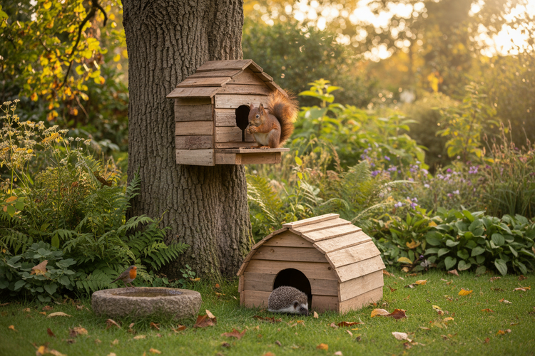Ein Eichhörnchen sitz am Eichhörnchenhaus und knabbert ein Rotkehlchen trinkt am Vogelbad ein Igel sitzt vorm Häuschen